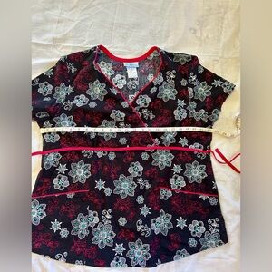 SB Scrubs Black and Red Wrap Blouse with Notched Collar